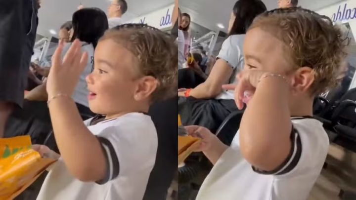 Mavie da show de fofura ao interagir com mascotes do Santos ao assistir jogo de Neymar: ‘A baleia!’