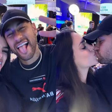 Sem Mel e Mavie, Neymar e Bruna Biancardi trocam beijos em evento