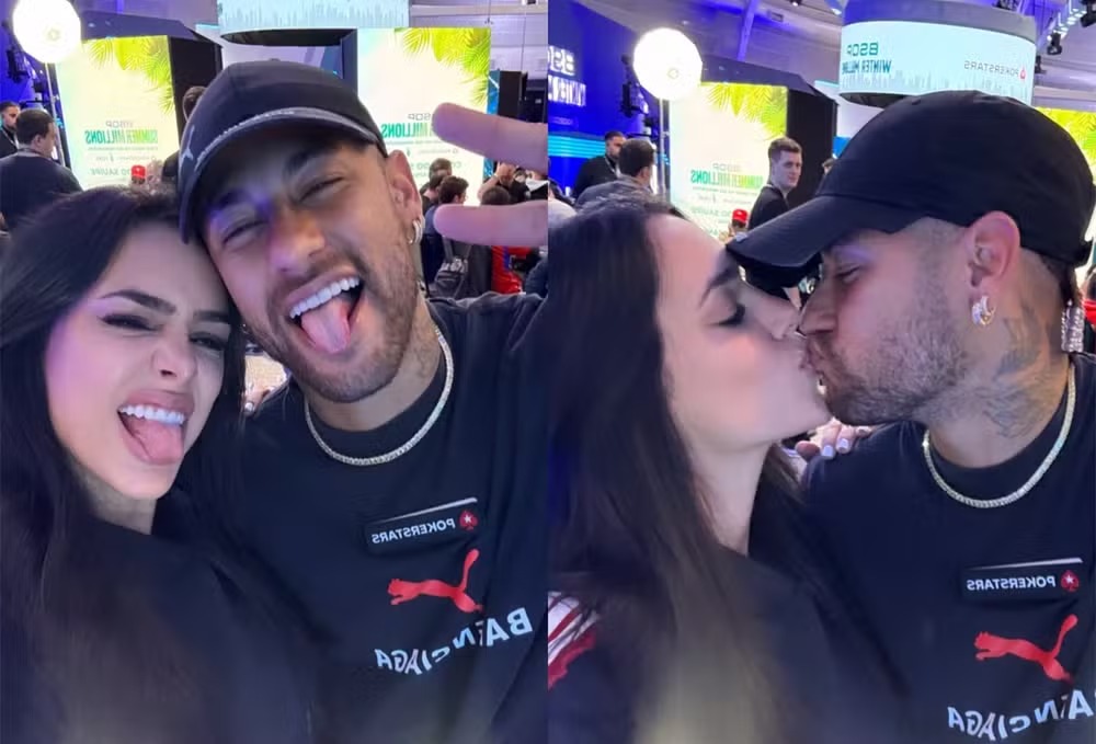 Sem Mel e Mavie, Neymar e Bruna Biancardi trocam beijos em evento