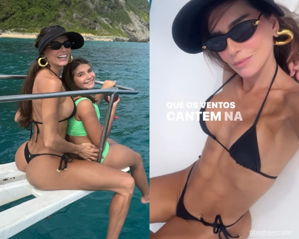 Deborah Secco exibe corpo escultural em passeio de lancha com filha