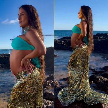 Vestida de sereia, Carol Peixinho faz ensaio de gravidez na praia