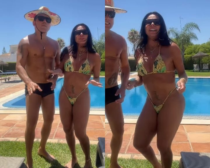 Aos 66 anos, Gretchen faz dancinha com marido e corpão impressiona: ‘Novinhas no chinelo’