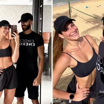 Mari Gonzalez e Pipo Marques posam juntos antes de treino na orla de Salvador
