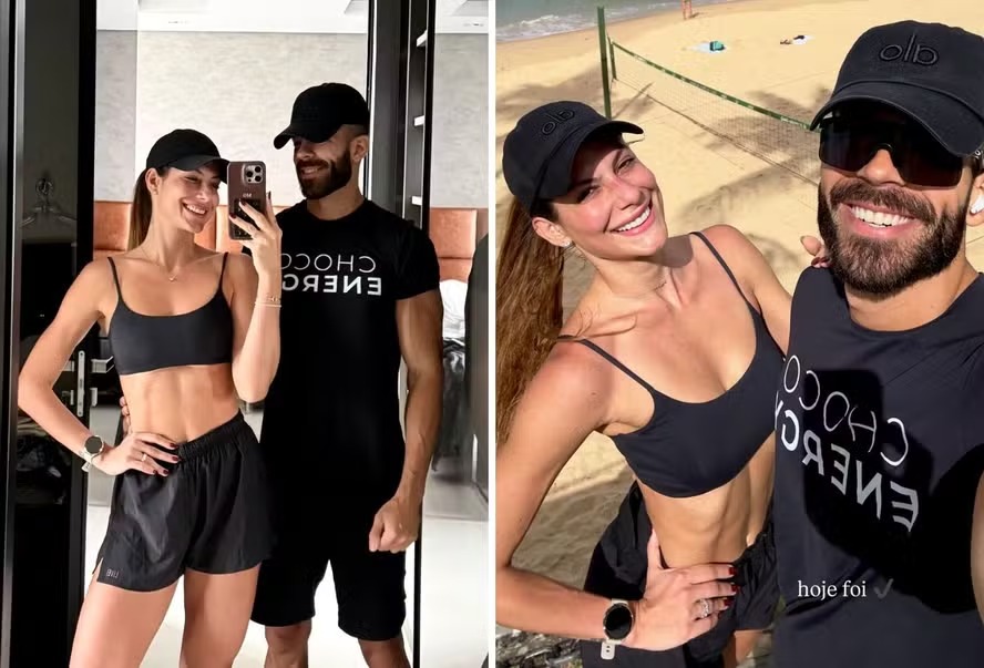 Mari Gonzalez e Pipo Marques posam juntos antes de treino na orla de Salvador