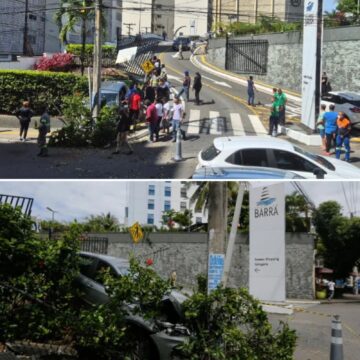 Após perder o controle, idosa bate carro e derruba portão do Shopping Barra