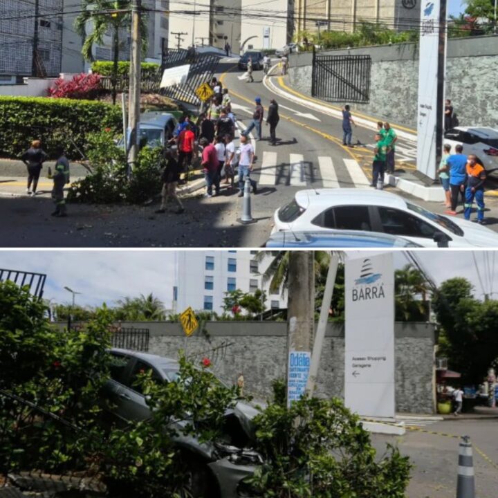 Após perder o controle, idosa bate carro e derruba portão do Shopping Barra