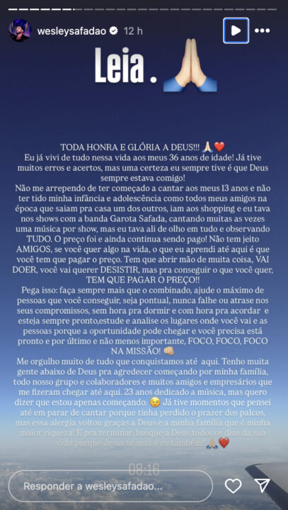 Desabafo de Wesley Safadão publicado nas redes sociais | Foto: Reprodução/Instagram