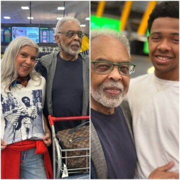 A caminho da Bahia, Astrid Fontenelle encontra Gilberto Gil  no aeroporto de São Paulo