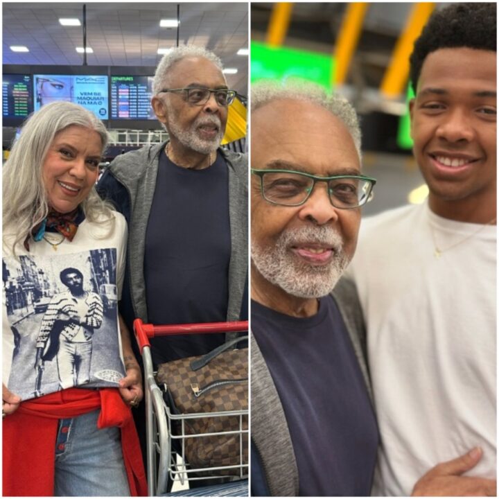 A caminho da Bahia, Astrid Fontenelle encontra Gilberto Gil  no aeroporto de São Paulo
