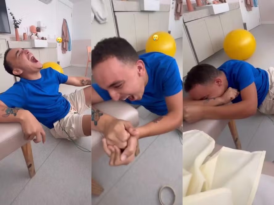 João Gomes se contorce ao usar aparelho para sentir contrações de parto