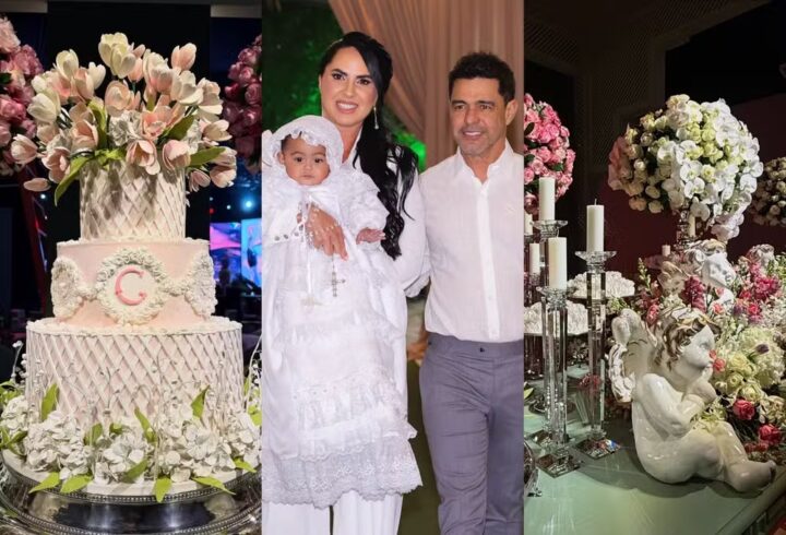Água do Rio Jordão, tulipas de açúcar e mais: os detalhes do batizado de Clara, filha de Graciele e Zezé