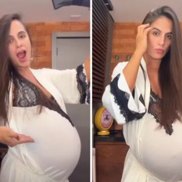 Grávida de Thiaguinho, Carol Peixinho posa de camisola e se surpreende com barrigão