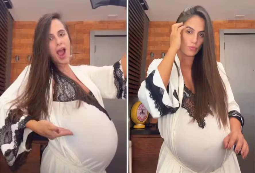 Grávida de Thiaguinho, Carol Peixinho posa de camisola e se surpreende com barrigão