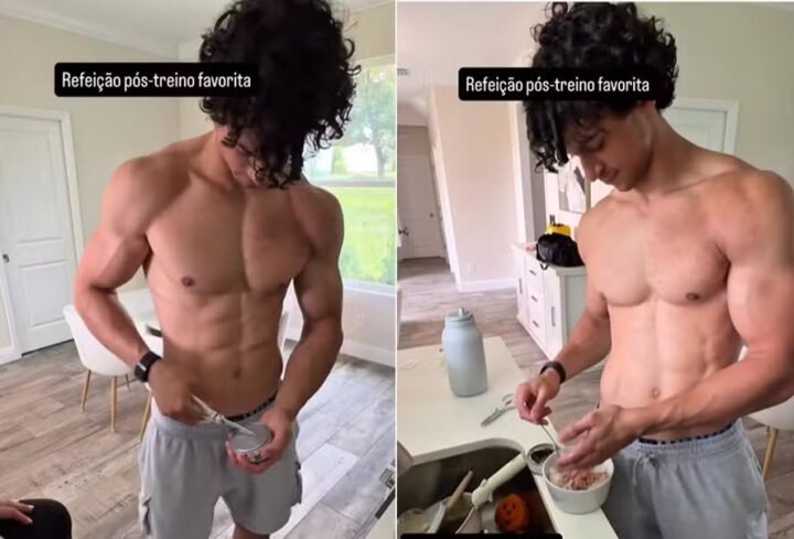 Filho de Xanddy e Carla Perez ostenta músculos e dá receita de refeição pós-treino com arroz cru