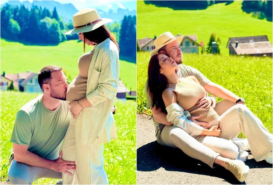 Grávida, Maíra Cardi ganha beijo de Thiago Nigro na barriga durante viagem à Suíça
