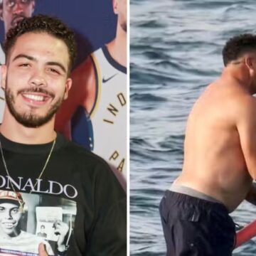 Filho de Ronaldo se diverte com foto do pai durante férias na Espanha