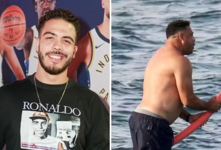 Filho de Ronaldo se diverte com foto do pai durante férias na Espanha