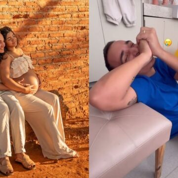 João Gomes diverte a esposa Ary Mirelle ao testar simulador de contrações do parto: “Que dor”