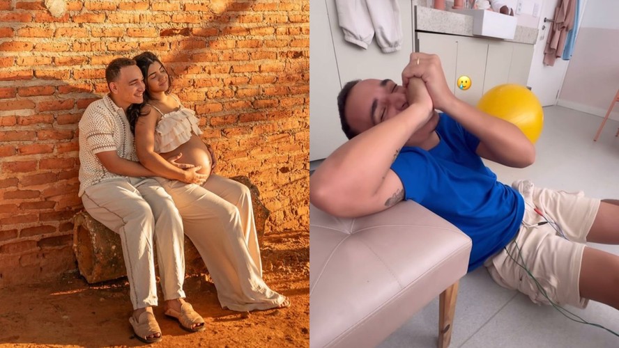 João Gomes diverte a esposa Ary Mirelle ao testar simulador de contrações do parto: “Que dor”