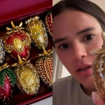 Bruna Marquezine experimenta morango do amor de R$ 2 mil e fica com pena de comer