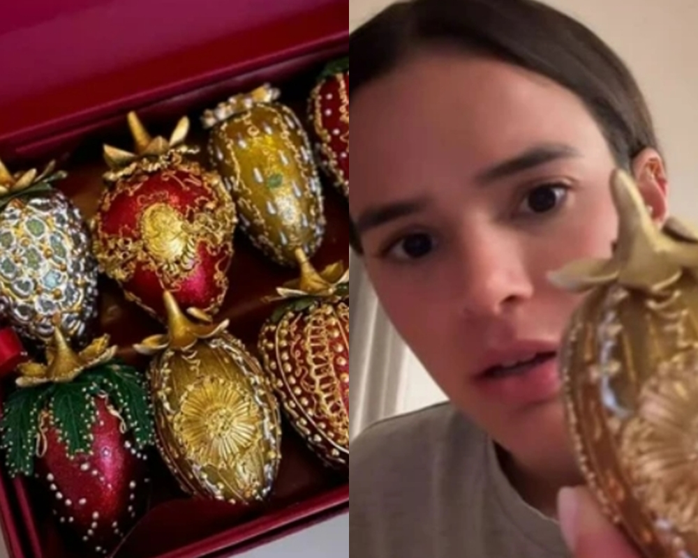 Bruna Marquezine experimenta morango do amor de R$ 2 mil e fica com pena de comer