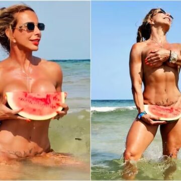“Vovó fitness” posa nua em Ibiza coberta apenas por melancia e revela segredo da nova fase: ‘Quero inspirar outras mulheres’
