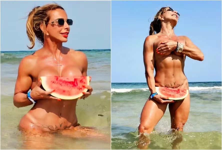 “Vovó fitness” posa nua em Ibiza coberta apenas por melancia e revela segredo da nova fase: ‘Quero inspirar outras mulheres’