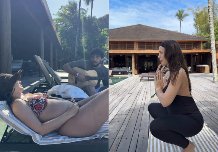 Na Bahia, Rafa Kalimann pratica ioga e ganha show particular de Nattan
