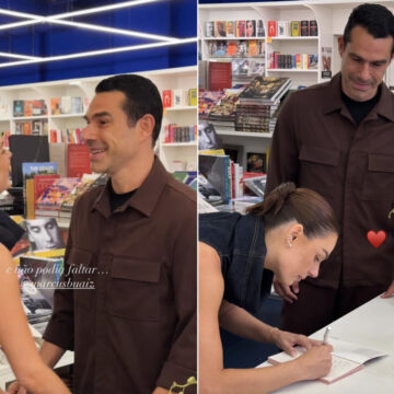 Marcus Buaiz e Isis Valverde trocam carinho durante lançamento de livro em São Paulo