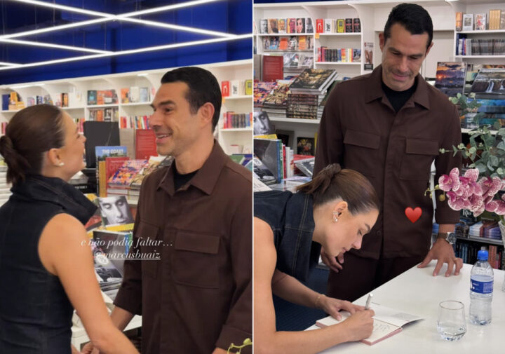 Marcus Buaiz e Isis Valverde trocam carinho durante lançamento de livro em São Paulo