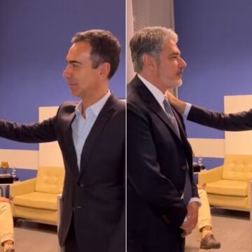 William Bonner faz tour pela redação do ‘Jornal Nacional’ com César Tralli: ‘Tem futuro’