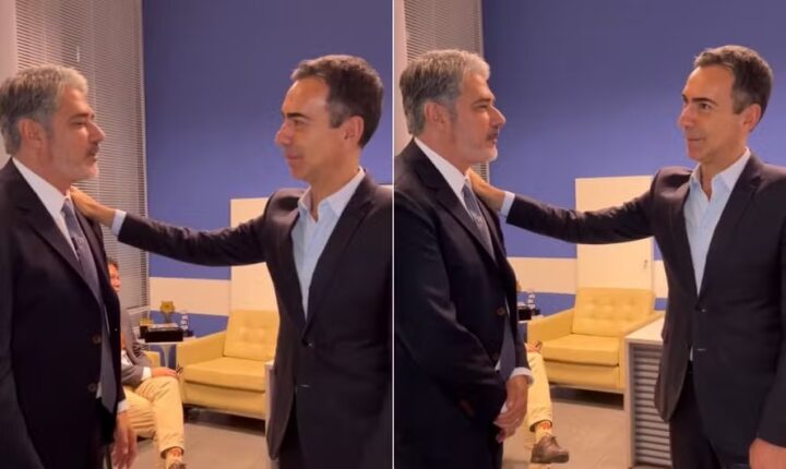 William Bonner faz tour pela redação do ‘Jornal Nacional’ com César Tralli: ‘Tem futuro’