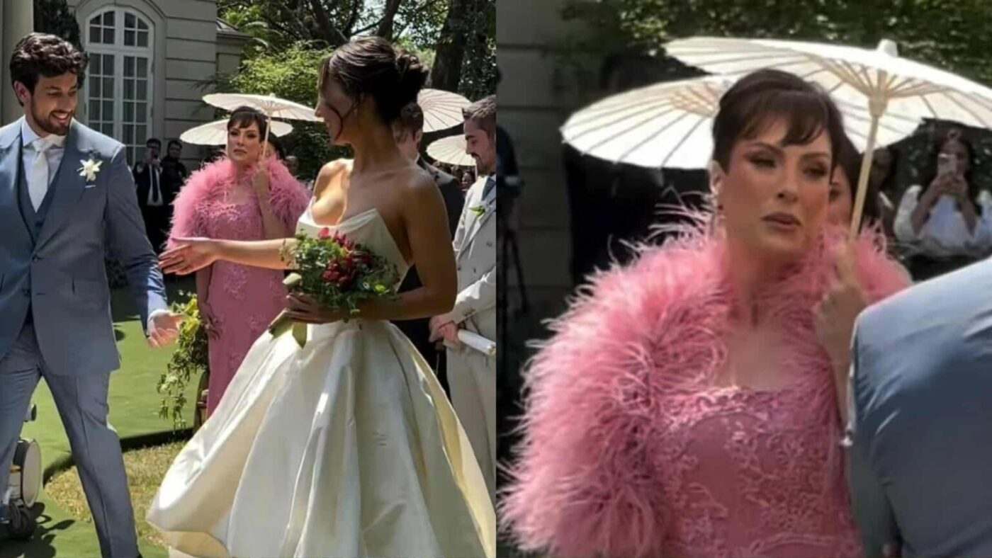 Ex-mulher de Faustão, Magda Colares usa vestido com plumas no casamento da filha