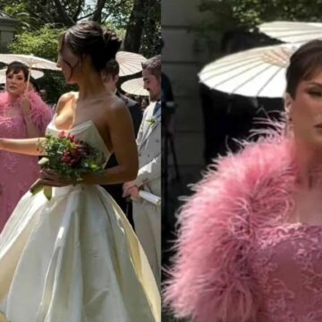 Ex-mulher de Faustão, Magda Colares usa vestido com plumas no casamento da filha