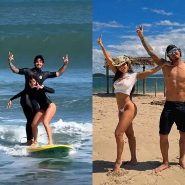 Gabriel Medina dá aula de surfe para namorada em viagem romântica à Bahia