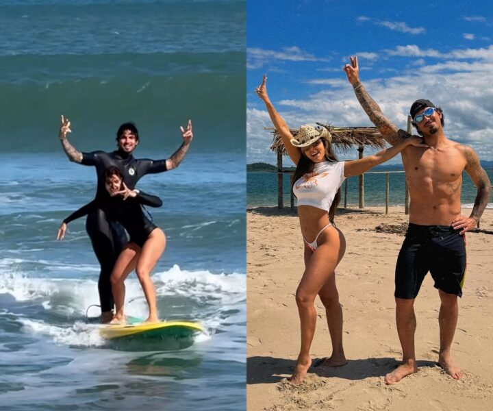 Gabriel Medina dá aula de surfe para namorada em viagem romântica à Bahia