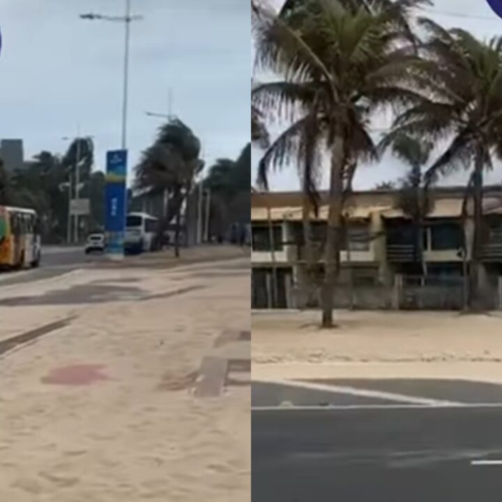 Ventania em Salvador faz areia da praia de Piatã invadir avenida; assista
