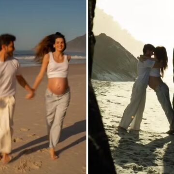 À espera da primeira filha, Camila Queiroz e Klebber Toledo fazem ensaio na praia