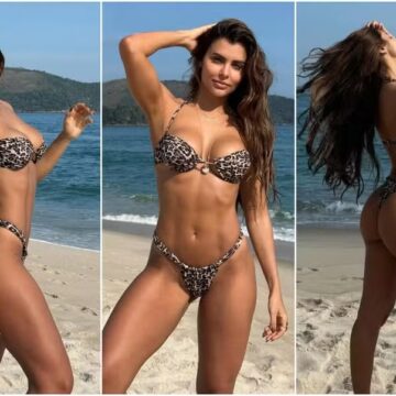 Isabella Arantes curte praia com biquíni de oncinha e Gabriel Medina reage