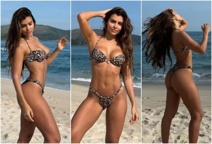 Isabella Arantes curte praia com biquíni de oncinha e Gabriel Medina reage