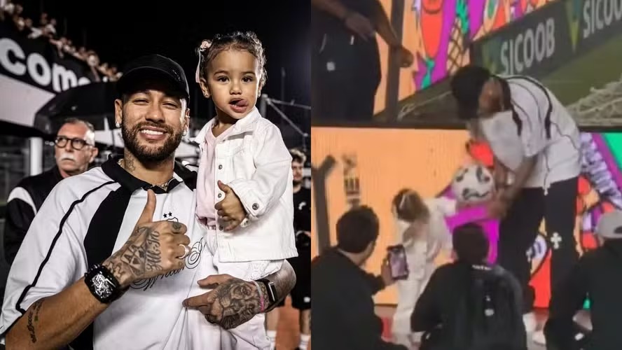 Mavie leva bolada durante jogo do Santos, cai no choro e recebe consolo do papai Neymar