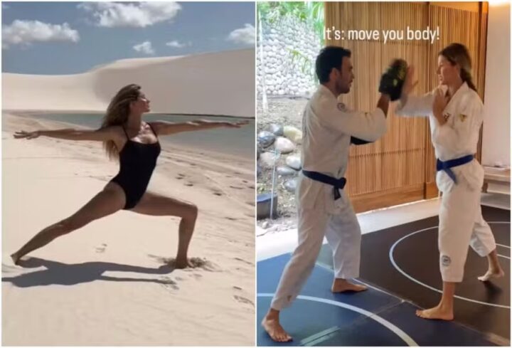 De alongamento na praia a ‘luta’ com o namorado: Gisele Bündchen mostra rotina fitness