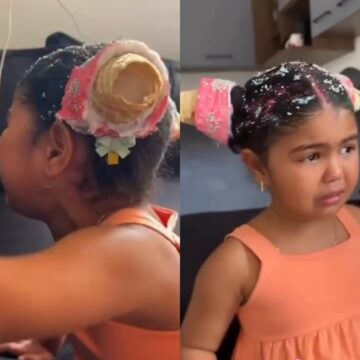 Dia do Cabelo Maluco termina em choro após menina ter cabelo comido; assista