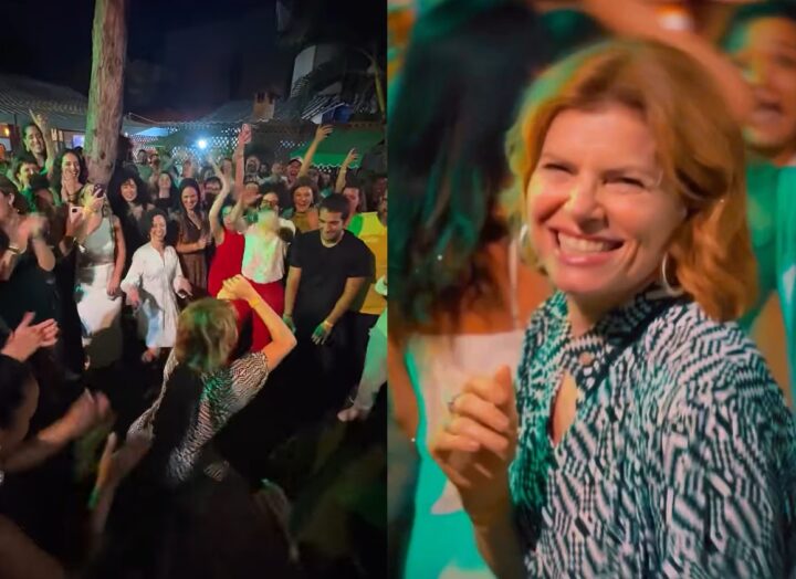‘Odete Roitman’ desce na boquinha da garrafa em festa de despedida de Vale Tudo; veja vídeo
