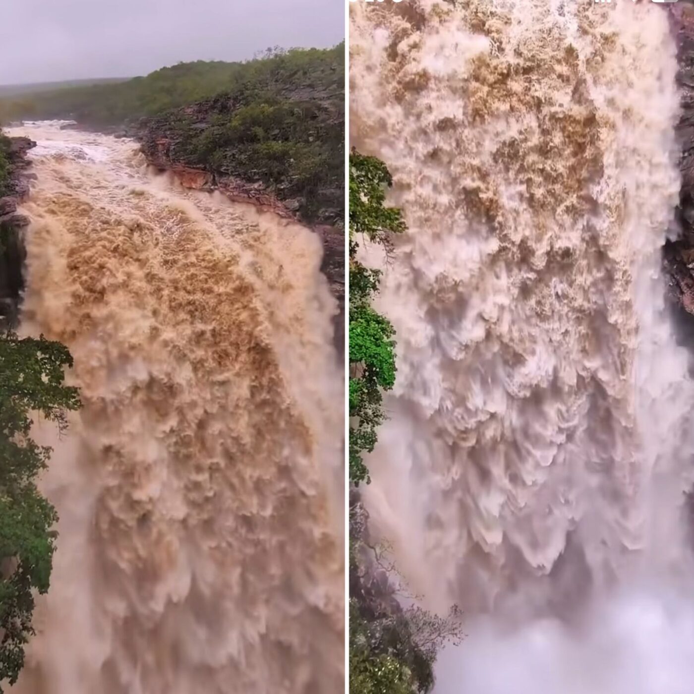Cachoeira na Chapada Diamantina impressiona após aumento no volume de água por conta da chuva