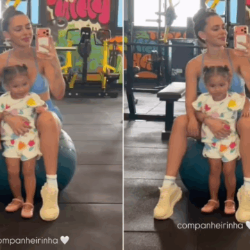 Momento mamãe fitness: Bruna Biancardi malha ao lado de Mavie