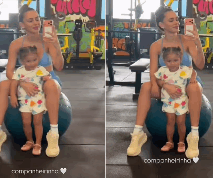 Momento mamãe fitness: Bruna Biancardi malha ao lado de Mavie