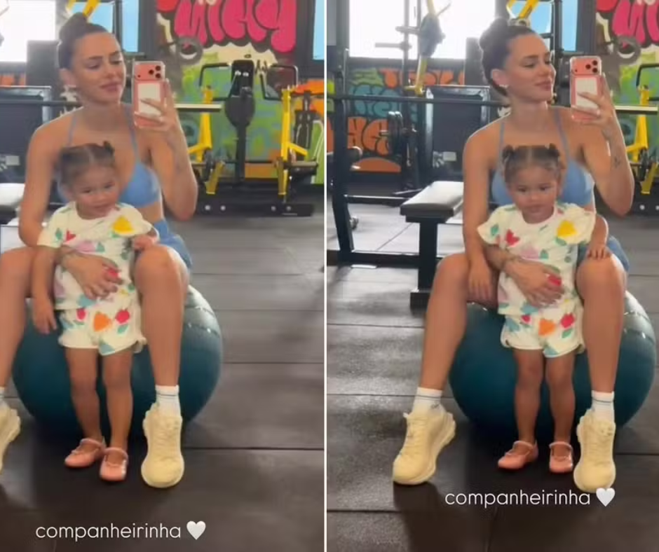 Momento mamãe fitness: Bruna Biancardi malha ao lado de Mavie