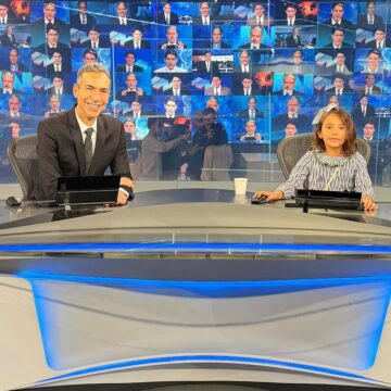 Filha de César Tralli e Tici Pinheiro esbanja fofura ao dividir a bancada do JN com o pai