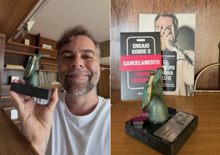 Pedro Tourinho posa com troféu do Prêmio Jabuti e celebra: “Estudar, pensar, criar e compartilhar vale a pena”